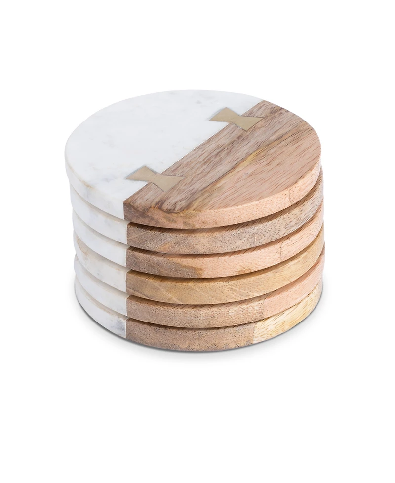 Thirstystone Uptown Round Marble and Wood Coasters with Inlay, Set of 6