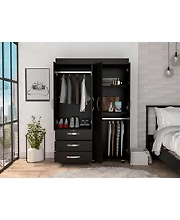 Hamilton Mobile Armoire, Double Door Cabinet, Three Drawers, Rods, Two Shelves, Black