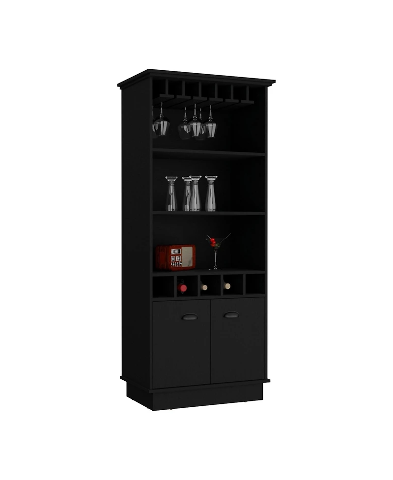 Elon 70"H Bar Cabinet with Wine Rack, Upper Glass Cabinet, three Open Storage Shelves and One Cabinet,Black