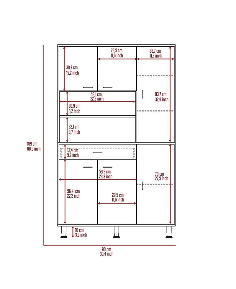 Helis 90 Kitchen Pantry Cabinet, Two Open Shelves, One Drawer, Multiple Cabinets, White
