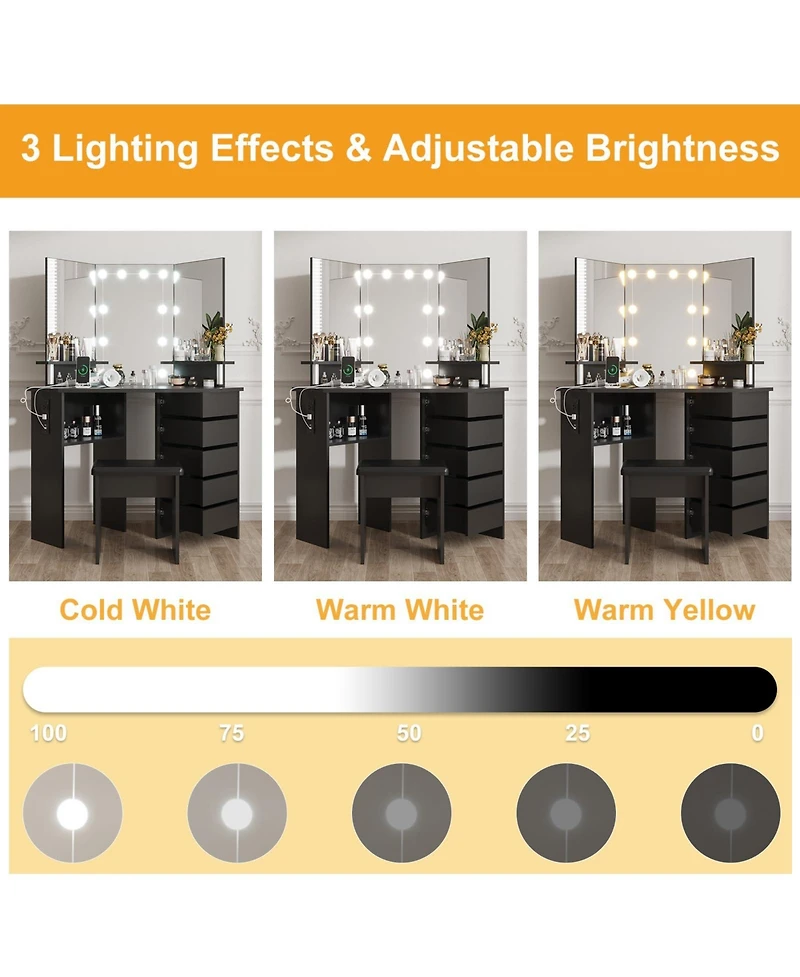 gaomon Corner Makeup Vanity Desk With Lights, Power Outlet, And Rotating Drawers-3 Color Lighting, Adjustable Brightness, Shelves, Stool