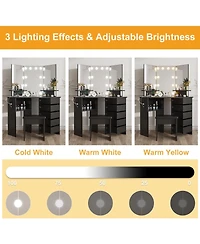 gaomon Corner Makeup Vanity Desk With Lights, Power Outlet, And Rotating Drawers-3 Color Lighting, Adjustable Brightness, Shelves, Stool