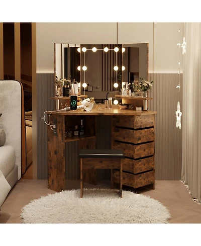 gaomon Corner Makeup Vanity Desk With Lights, Power Outlet, And Rotating Drawers-3 Color Lighting, Adjustable Brightness, Shelves, Stool