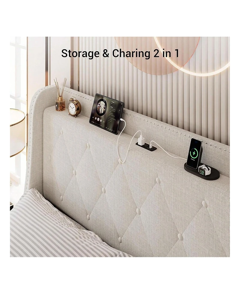 gaomon Upholstered Bed Frame with Headboard and 4 Storage Drawers