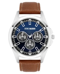 Steve Madden Men's Signature Blue and Brown Faux Leather Silver-Tone Alloy Metal Watch, 45mm
