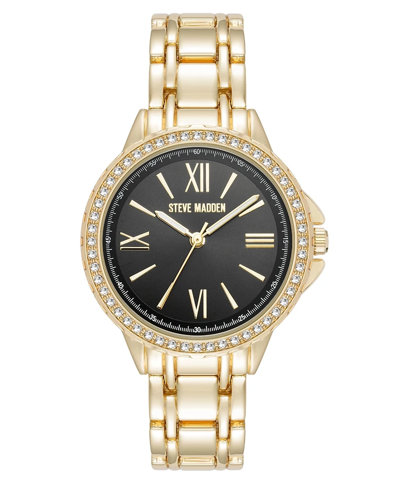 Steve Madden Women's Charming Black and Gold-Tone Alloy Metal Bracelet Watch, 38mm