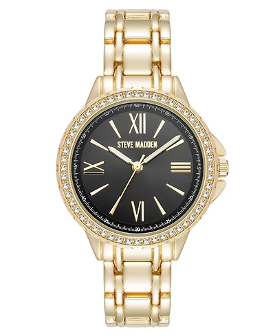 Steve Madden Women's Charming Black and Gold-Tone Alloy Metal Bracelet Watch, 38mm