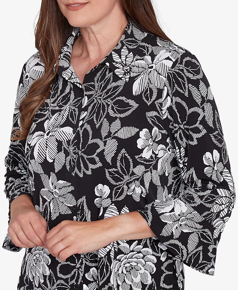 Alfred Dunner Women's Wild at Heart Floral Puff Print Button Down Top