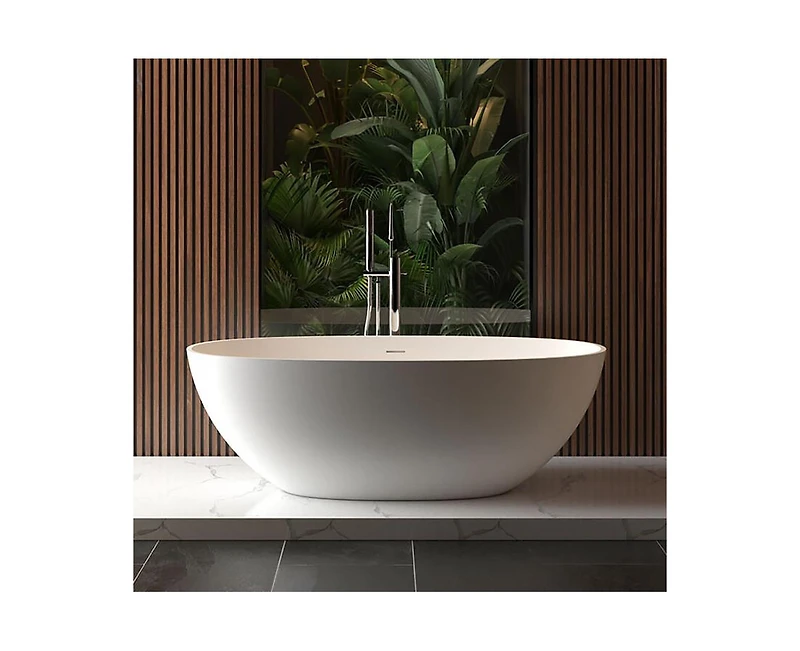 gaomon 65"Solid Surface Freestanding Bathtub, Contemporary Oval Shape Soaking Tub, Stone Resin Stand Alone Bathtub With Pop-Up Drain and Overflow, Cup