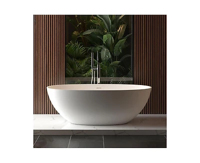 gaomon 65"Solid Surface Freestanding Bathtub, Contemporary Oval Shape Soaking Tub, Stone Resin Stand Alone Bathtub With Pop-Up Drain and Overflow, Cup