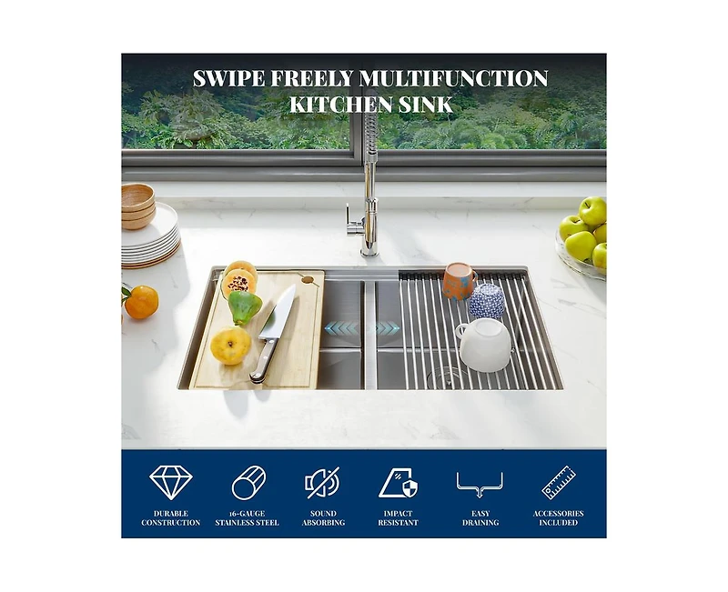 gaomon Kitchen Sink, 33 Inch Brushed Nickel Undermount Kitchen Bar Sink with Single-tier Track, Stainless Steel 16 Guage Double Bowl Kitchen Sinks, Fa