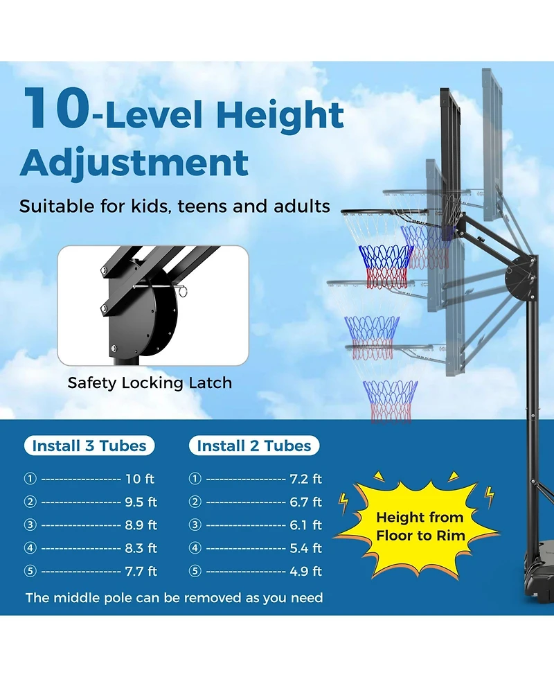 Hongge 4.9-10 Feet Adjustable Basketball Hoop with Shatterproof Backboard