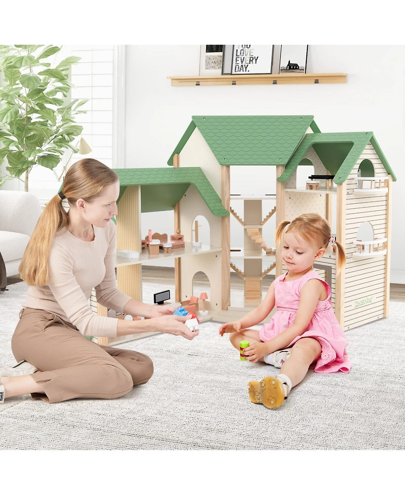Hongge Wooden Corner Dollhouse Playset with 6 Rooms and 36 Pieces for Kids 3+ Years Old