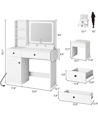 gaomon White Vanity Desk with Led Lighted Mirror & Power Outlet, Makeup Vanity with Drawers & Cabinet & Chair