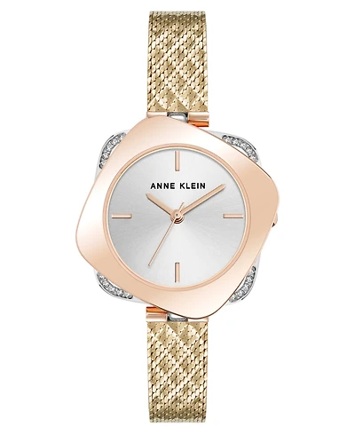 Anne Klein Women's Quartz Elegant Hidden Crystal Tri-Tone Stainless Steel Mesh Band Watch, 28mm