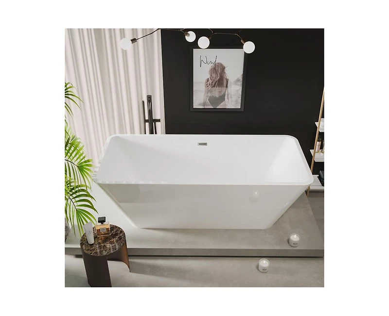 gaomon 66" Acrylic Freestanding Bathtub,Contemporary Square Shape Soaking Tub With Chrome Drain and Minimalist Linear Design Overflow, Easy to Install
