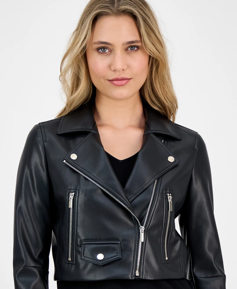 Anne Klein Women's Faux Leather Cropped Moto Jacket