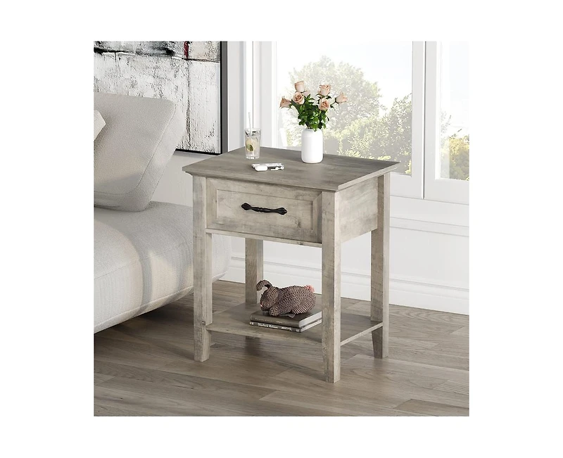 gaomon Grey Nightstands Set of 2, End Table with Drawer, Side Table for Spaces, 2 Tiers Storage Shelves with Dresser, Bedside Table for Living Room, B