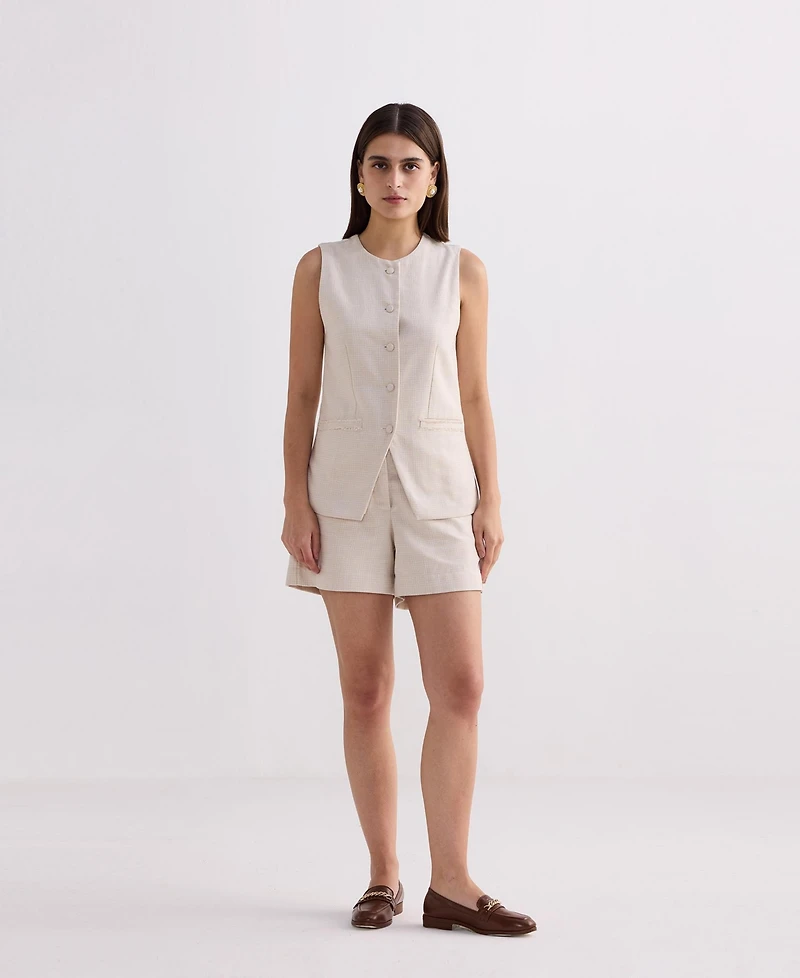 Reistor Women's Cotton Tweed Vest Jacket Set Cream