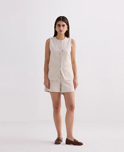 Reistor Women's Cotton Tweed Vest Jacket Set Cream