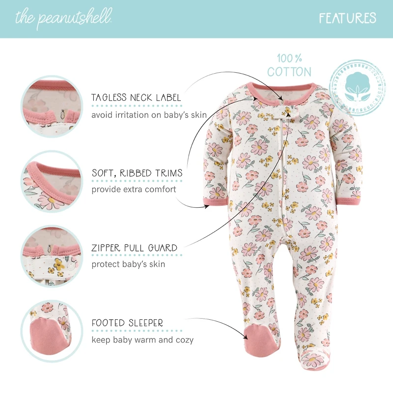 The Peanutshell Baby Girls Boho Butterfly Footed Sleepers for Girls, 3 Pack