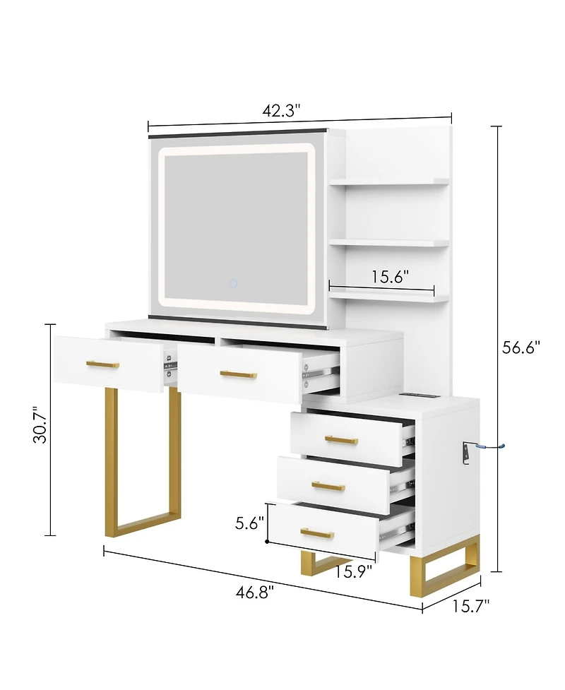 gaomon Vanity Desk with Mirror, Makeup Vanity Desk Charging Station,Led Light with 3 Lighting Modes