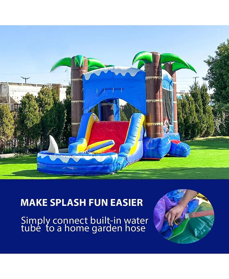 HeroKiddo Ocean Shark Commercial Grade Bounce House Water Slide with Splash Pool for Kids and Adults (with Blower), Basketball Hoop, Outdoor Indoor, W