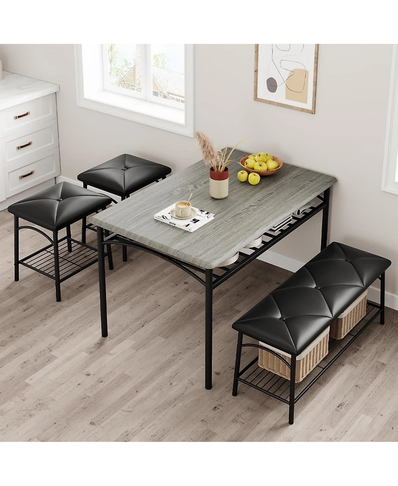 gaomon Kitchen Table with Bench, Dining Room Table Set for 4 with Upholstered Bench and Square Stools, Table Set with Storage -Grey