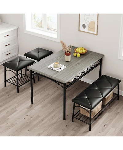 gaomon Kitchen Table with Bench, Dining Room Table Set for 4 with Upholstered Bench and Square Stools, Table Set with Storage -Grey