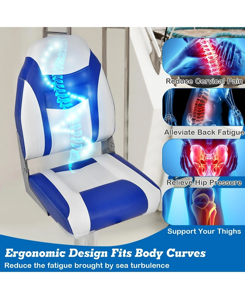 Givimo High Back Folding Boat Seats with Blue White Sponge Cushion and Flexible Hinges