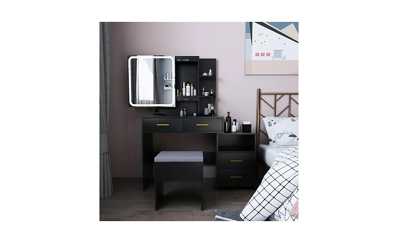 Slickblue Triamine Veneer Dressing Table Set with Mirror Cabinet 4 Drawers, 1 Storage Cabinet, 2 Shelves, and Led Three-Tone Light for a Modern Vanity