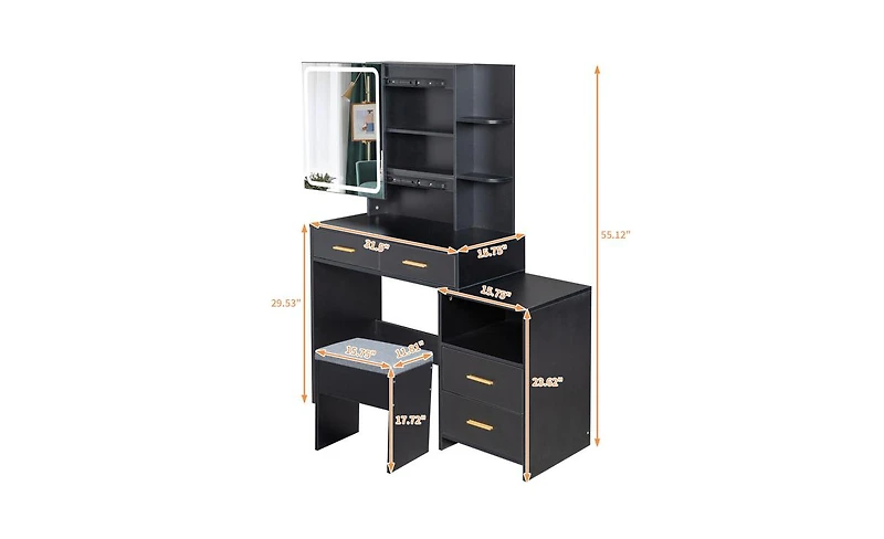 Slickblue Triamine Veneer Dressing Table Set with Mirror Cabinet 4 Drawers, 1 Storage Cabinet, 2 Shelves, and Led Three-Tone Light for a Modern Vanity