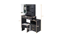 Slickblue Triamine Veneer Dressing Table Set with Mirror Cabinet 4 Drawers, 1 Storage Cabinet, 2 Shelves, and Led Three-Tone Light for a Modern Vanity