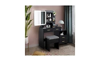 Slickblue Triamine Veneer Dressing Table Set with Mirror Cabinet 4 Drawers, 1 Storage Cabinet, 2 Shelves, and Led Three-Tone Light for a Modern Vanity