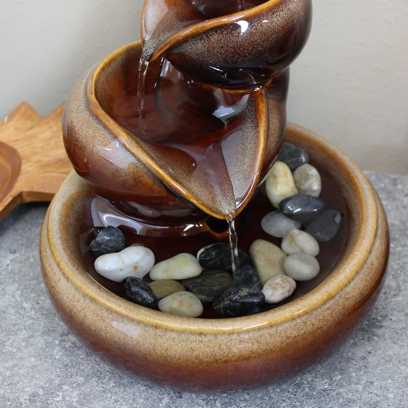 Indoor Home Decorative Glazed Smooth Ceramic Tiered Vessels Tabletop Water Fountain - 10" - Brown