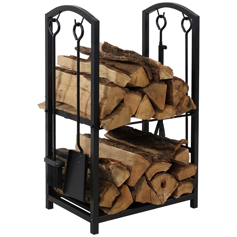 5pc Indoor/Outdoor Steel Log Holder with Fireplace Tool Set, Tongs, Poker, Shovel and Brush - Black