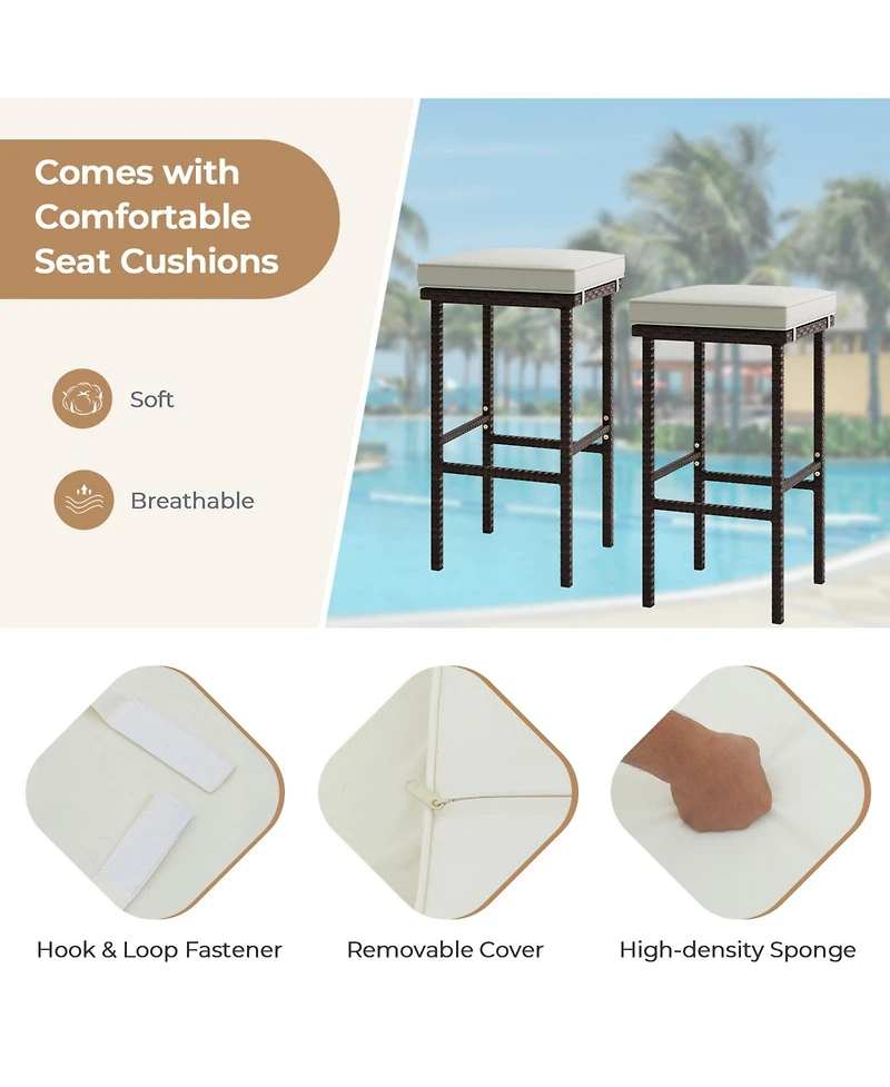 Skonyon Patio Wicker Bar Stools Set of 2 with Seat Cushions and Footrest