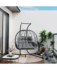 Pamapic Outdoor 2-Person Hanging Wicker Double Egg Porch Swing Chair with Stand and Beige Cushion