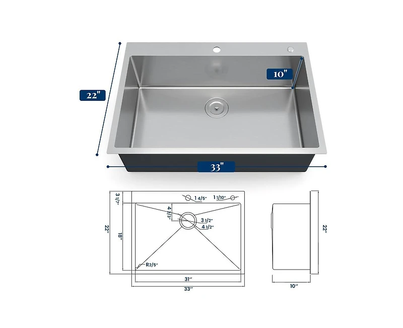 gaomon Kitchen Sink, 33 Inch Brushed Nickel Topmount Kitchen Bar Sink, Stainless Steel 16 Guage Single Bowl Kitchen Sinks, Family and Bar Sink with Fu