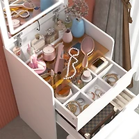 Glass Top and Led Mirror Makeup Vanity Table Set, 3 Draws Dresser,Bedside Table