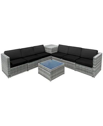 Sugift 8 Piece Wicker Sofa Rattan Dinning Set Patio Furniture with Storage Table-Black