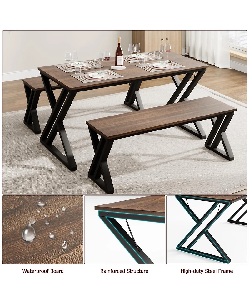 gaomon 45” Dining Table with Benches, Kitchen Table Set for 4-6, Rectangular Dining Room Table Set with Sturdy Metal Frame