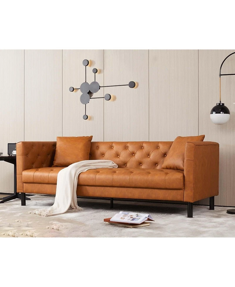 gaomon 3 Seater Sofa with Tufted Back, Grain Leather Couch with Feather, Vintage Faux Leather
