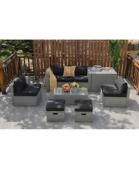 Sugift 8 Pieces Patio Rattan Furniture Set with Storage Waterproof Cover and Cushion-Black