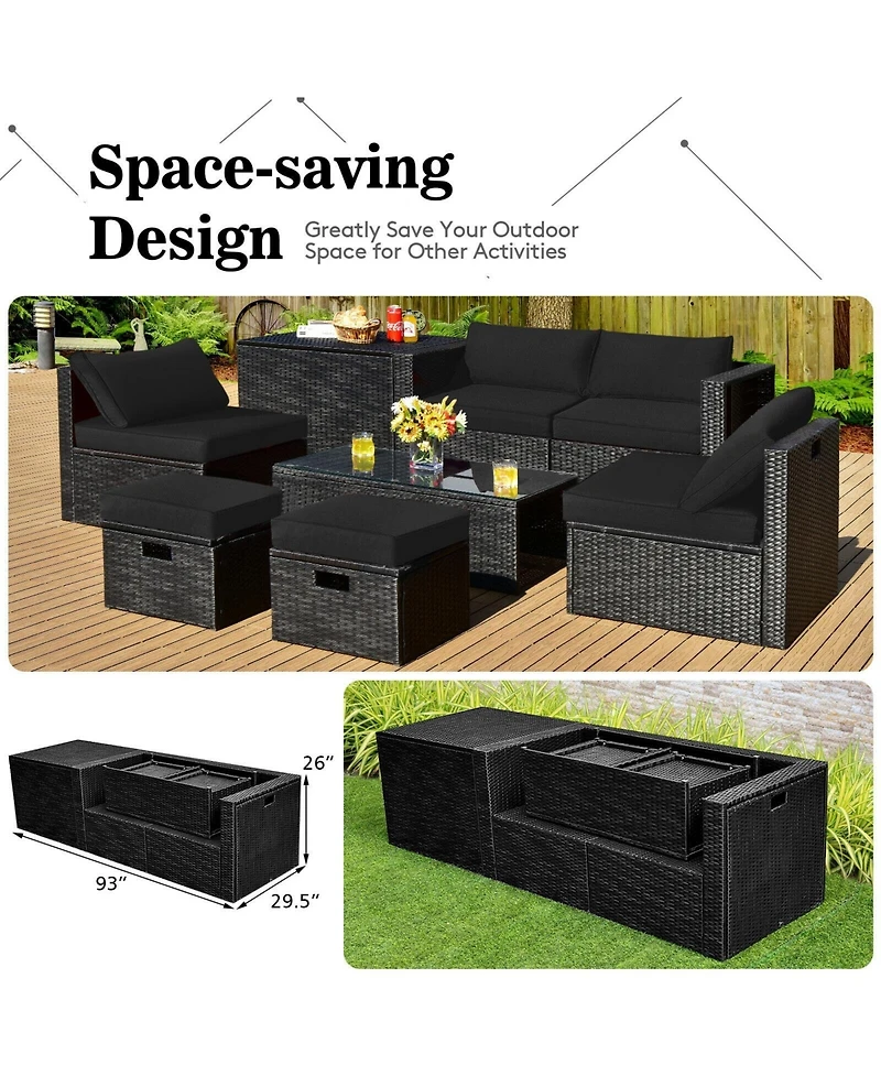Sugift 8 Pieces Patio Rattan Storage Table Furniture Set-Black