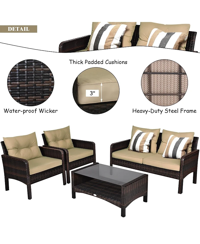 Sugift 4 Pieces Patio Rattan Free Combination Sofa Set with Cushion and Coffee Table