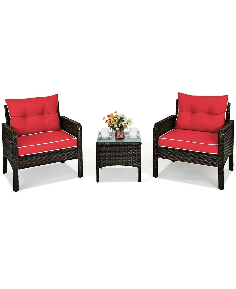 Sugift 3 Pcs Outdoor Patio Rattan Conversation Set with Seat Cushions-Red