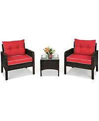 Sugift 3 Pcs Outdoor Patio Rattan Conversation Set with Seat Cushions-Red