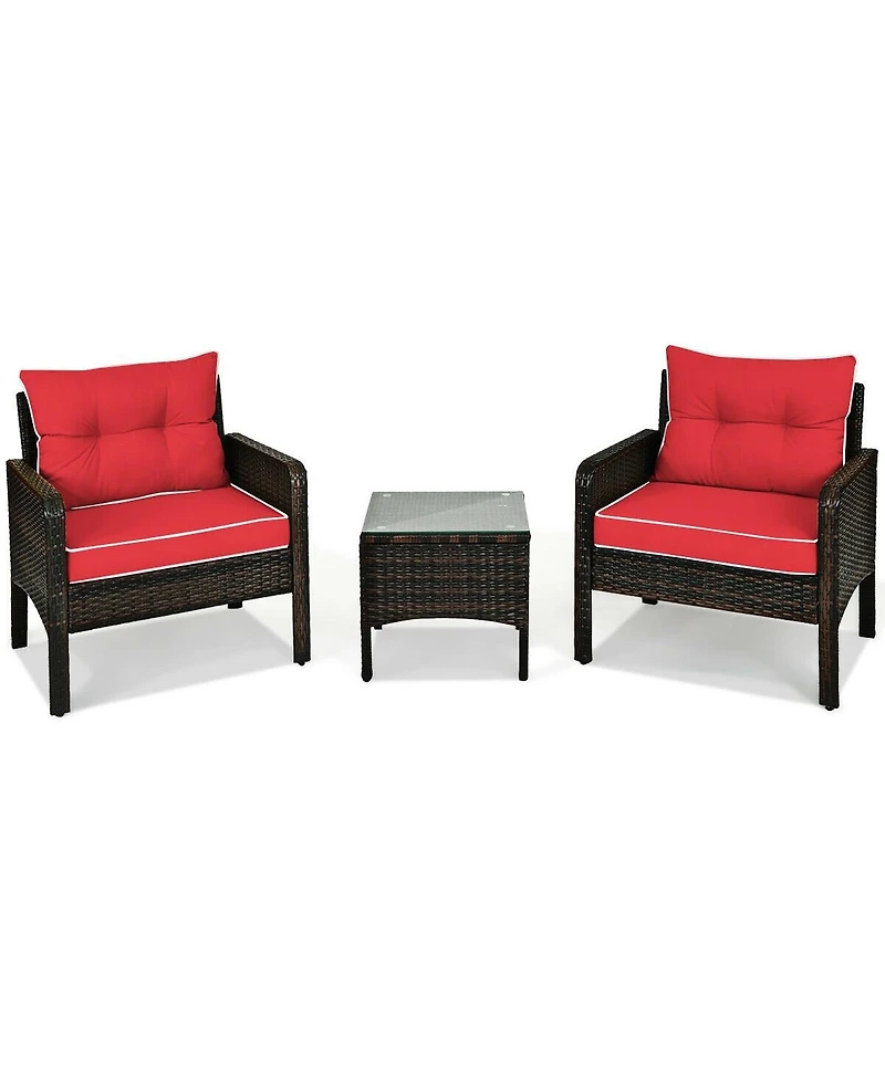 Sugift 3 Pcs Outdoor Patio Rattan Conversation Set with Seat Cushions-Red