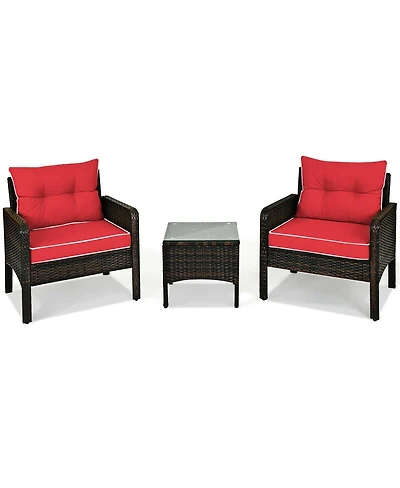 Sugift 3 Pcs Outdoor Patio Rattan Conversation Set with Seat Cushions-Red
